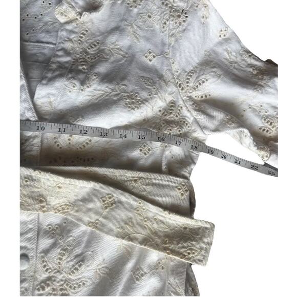 Solitaire Women Denim Dress S White Floral Belted Short Sleeve w/ Pockets - Picture 12 of 16